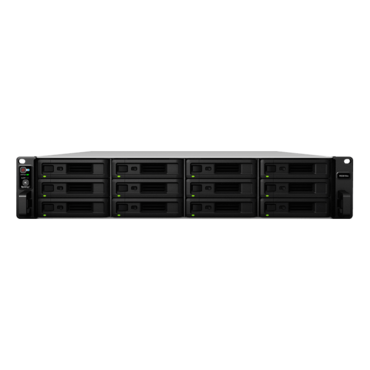 RS3618xs 12-bay 2U NAS Server, Intel® Xeon® D-1521 4-core 2.7 GHz processor, 64GB DDR4 RAM (8GB pre-installed), SATA 6Gb/s, 1GbLAN / 4, USB 3.2 Gen 1 (Type-A) / 2, 500W PSU