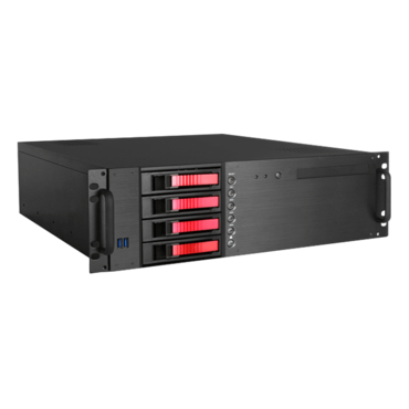 D-340HB-T-RED, Red HDD Handle, 1x Slim 5.25&quot;, 3x 3.5&quot;, 4x 3.5&quot; Hotswap Bays, No PSU, ATX, Black/Red, 3U Chassis