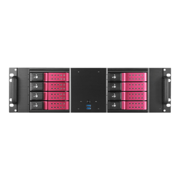 D-380HN-RED, Red HDD Handle, 8x 3.5&quot; Hotswap Bays, No PSU, ATX, Black/Red, 3U Chassis