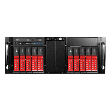 D410-DE10RD-25TU, Red HDD Handle, 1x Slim Line 5.25", 10x 3.5", 1x 2.5" Hotswap, E-ATX, Black/Red, 4U Chassis