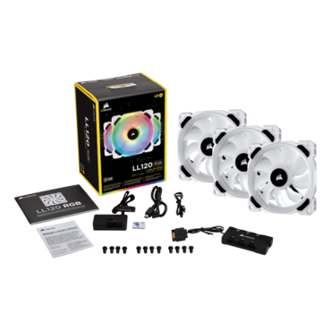LL120 RGB 3 x 120mm, White, w/ Controller, RGB LEDs, 2200 RPM, 63 CFM, 36 dBA, Cooling Fans