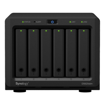 DS620slim 6-bay NAS Server, Intel® Celeron® J3355 2-core 2.5 GHz, 6GB DDR3 RAM (2GB pre-installed), SATA 6Gb/s, GbLAN / 2, USB 2.0 / 2, 65W PSU