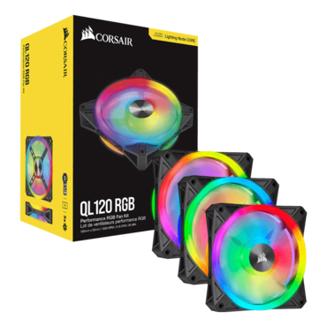 iCUE QL120 RGB PWM 3 x 120mm, w/ Lighting Node CORE, 1500 RPM, 41.8 CFM, 26 dBA, Black, Cooling Fans