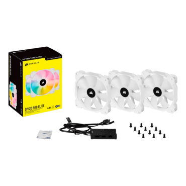 iCUE SP120 RGB ELITE Performance White, 3 x 120mm, w/ Lighting Node CORE, 1500 RPM, 47.73 CFM, 28 dBA, Cooling Fans