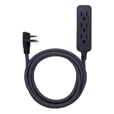GE Designer Extension Cord With Surge Protection, Braided Power Cord, 8 ft, 3 Grounded Outlets, Flat Plug, Premium, UL Listed, Black/Grey