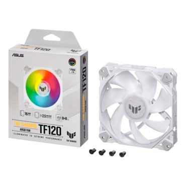 TUF Gaming TF120 ARGB White, 1 x 120mm, 1900 RPM, 76 CFM, 29 dBA, Cooling Fan