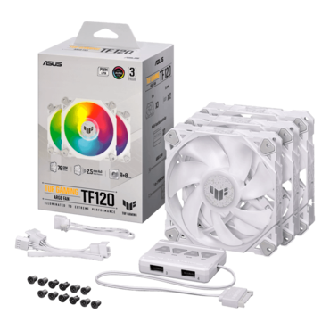 TUF Gaming TF120 ARGB 3 x 120mm, White, w/ ARGB Hub, 1900 RPM, 76 CFM, 29 dBA, Cooling Fans