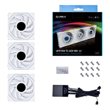 UNI FAN TL LCD 120 3 x 120mm, White, w/ Controller, ARGB LEDs, 1900 RPM, 62 CFM, 27 dBA, Cooling Fans