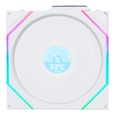 UNI FAN TL120 LCD Wireless 3 x 120mm, White, w/ Controller, ARGB LEDs, 1900 RPM, 62 CFM, 27 dBA, Cooling Fans