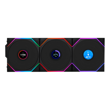 UNI FAN TL120 LCD Reverse Blade Wireless 3 x 120mm, w/ Controller, ARGB LEDs, 1900 RPM, 54.3 CFM, 31 dBA, Cooling Fans