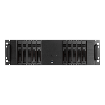 D-3100HB, Black HDD Handle, 10x 3.5&quot; Hotswap Bays, No PSU, ATX, Black, 3U Chassis