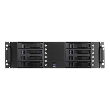 D-380HB, Black HDD Handle, 8x 3.5" Hotswap Bays, No PSU, ATX, Black, 3U Chassis